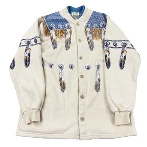 Vintage Art Unlimited Cardigan Sweater Men Medium Indian Native American Feather